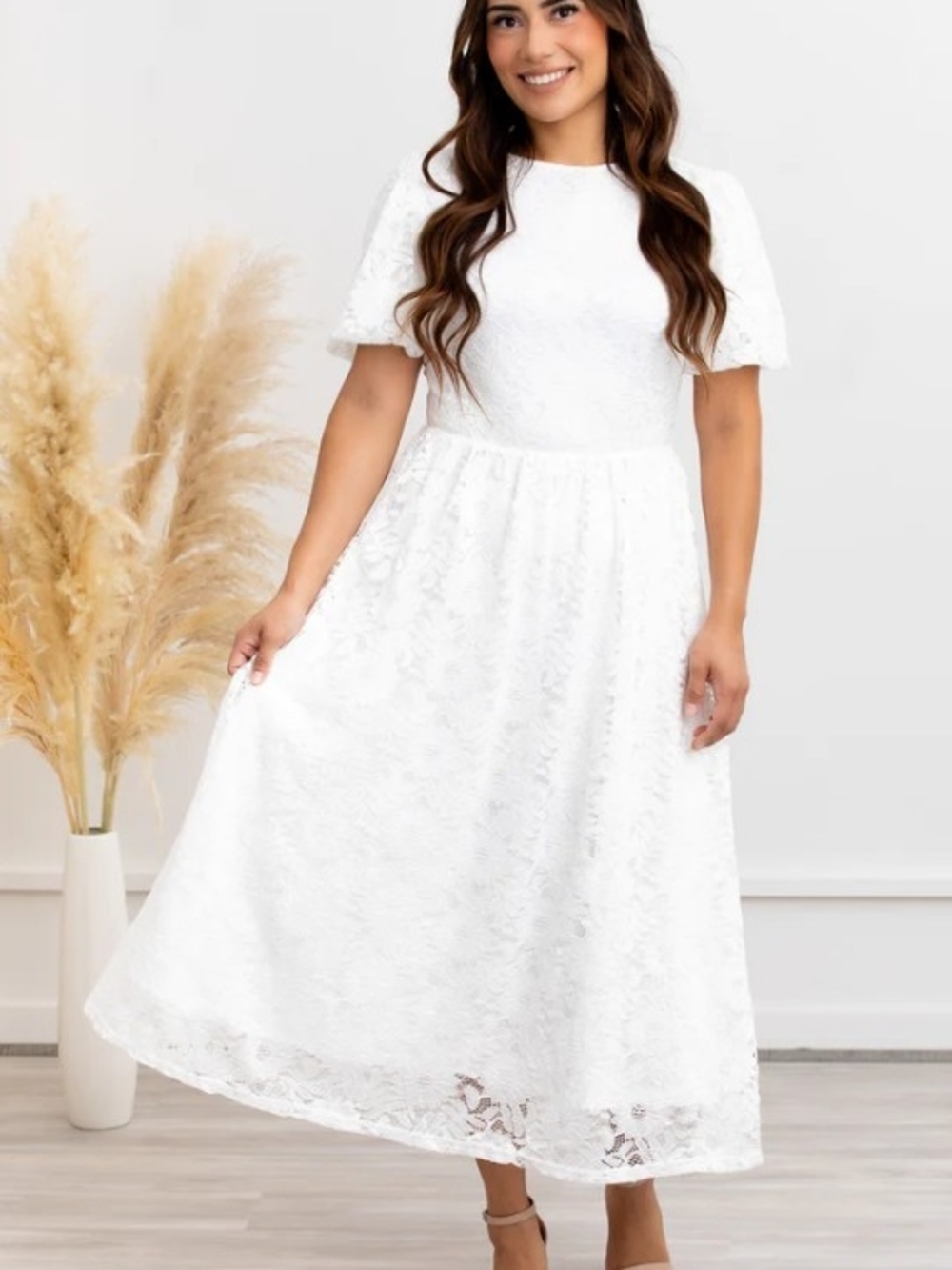 Modest White Floral Lace Midi Dress (White)